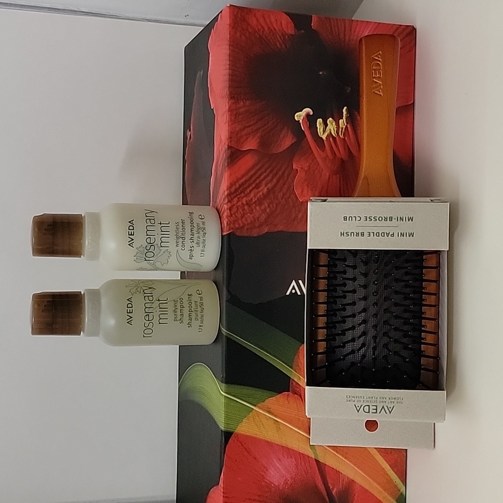 AVEDA GIFT SET. WOODEN MINI PADDLE HAIR BRUSH (7 1/2"), Shampoo + Conditioner